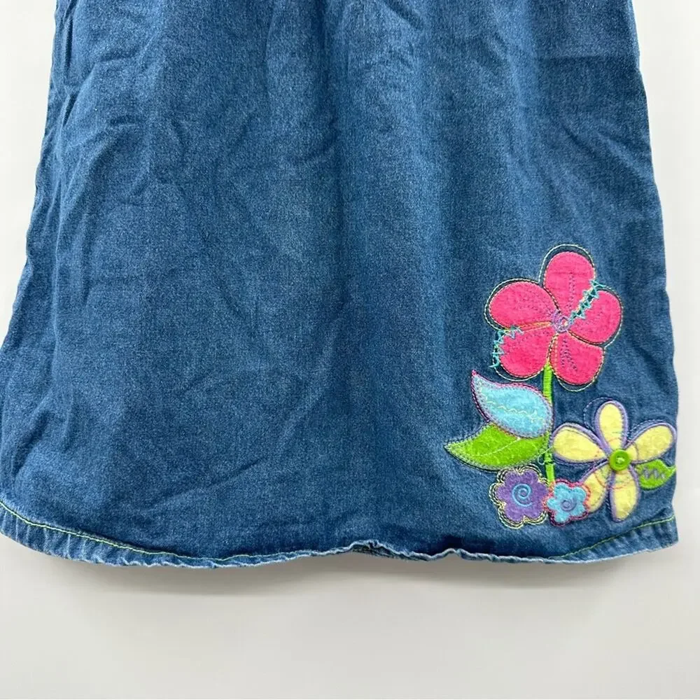 Hanna Andersson Blue Denim Flower Embroidered Short‎ Sleeve Dress Sz 100 (US 4)